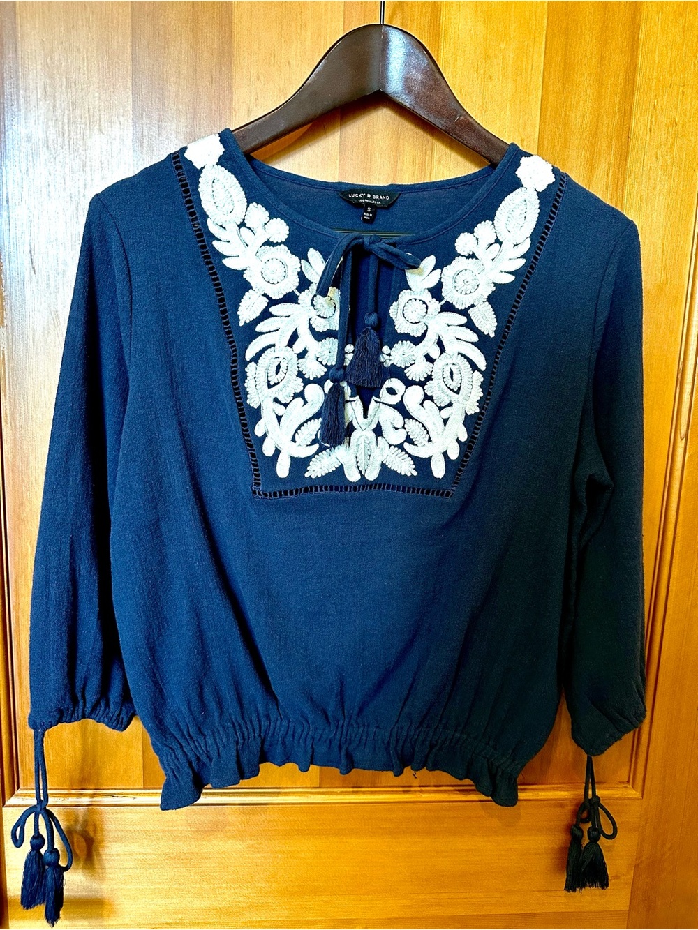 Lucky Brand Navy Top with White Floral Embroidery